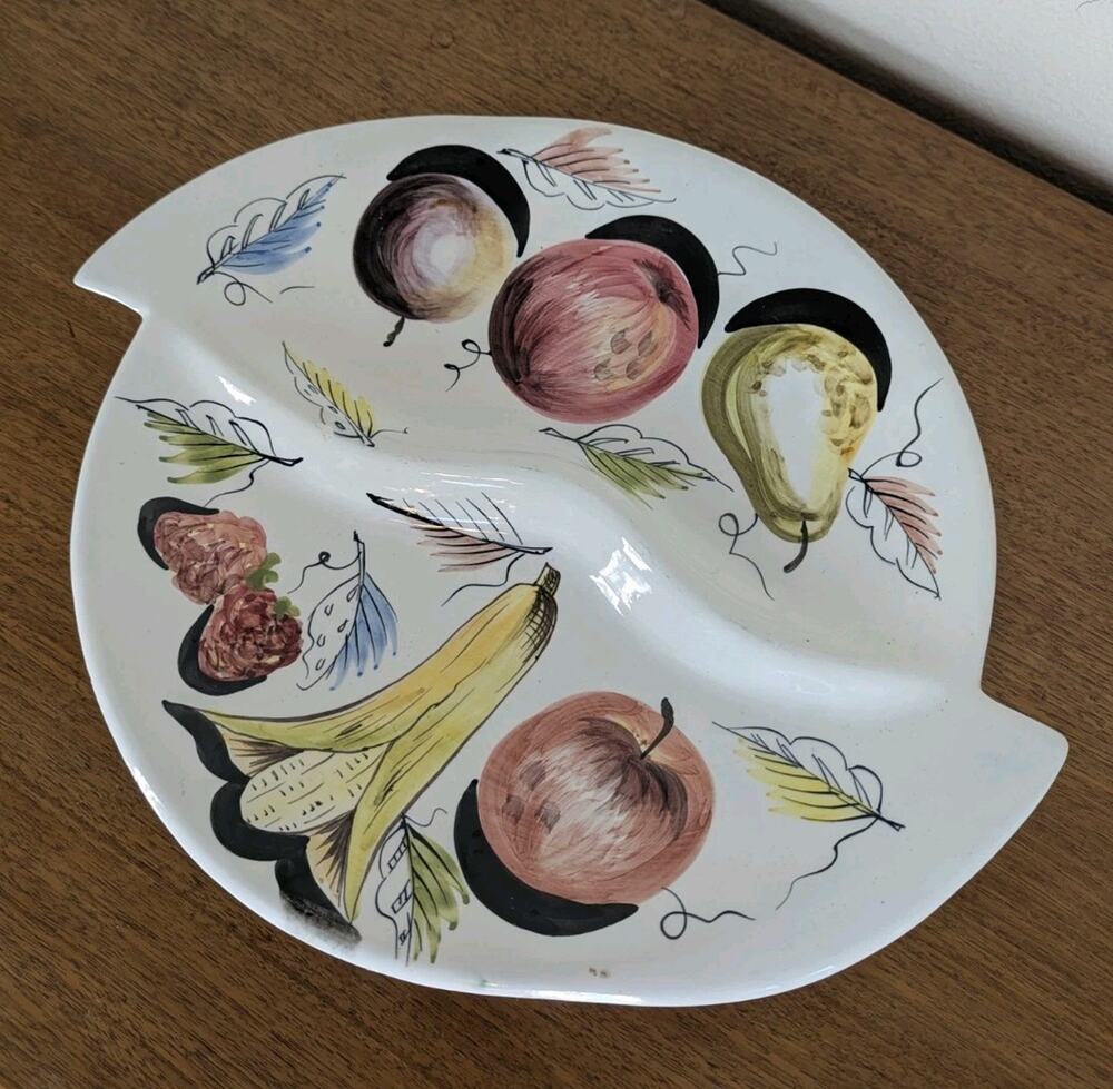 Italian Porcelain Circular Divided Serving Platter Hand Painted Fruit Signed